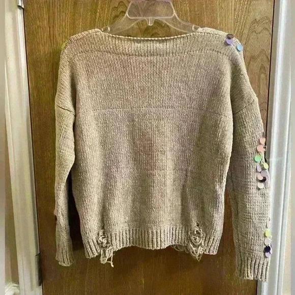 Grifflin Distressed Ripped Sweater with Multicolored Sequins Tan Size S/M Soft - Picture 11 of 12
